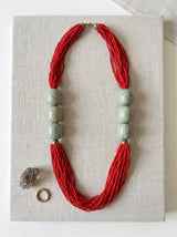 Red Seed Bead Necklace with Sage Green Stone Beads