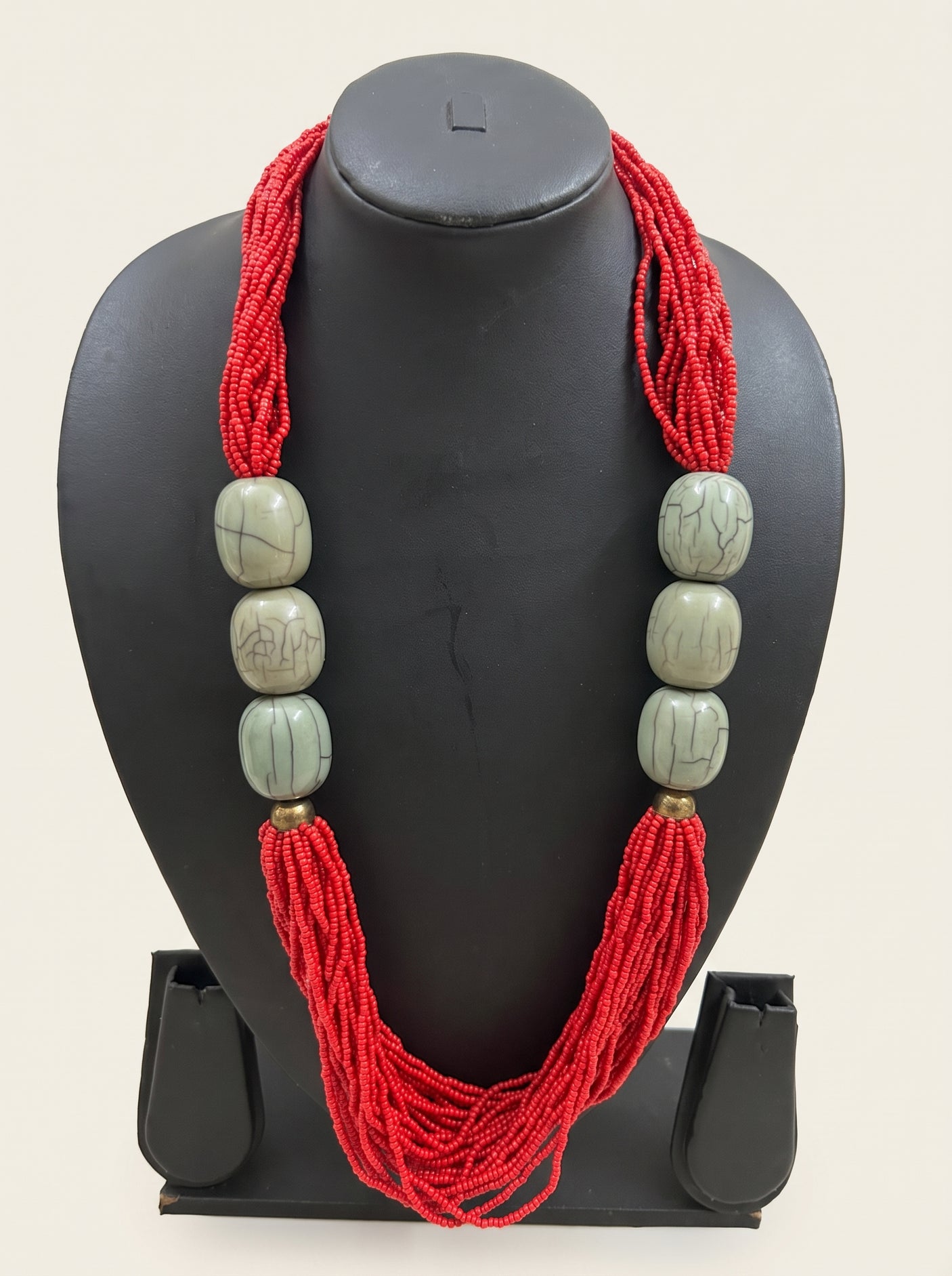 Red Seed Bead Necklace with Sage Green Stone Beads