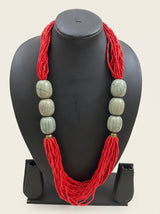 Red Seed Bead Necklace with Sage Green Stone Beads