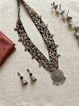 Kalamkari Floral Fabric Strap Necklace with Silver Sun Medallion Pendant Necklace Set