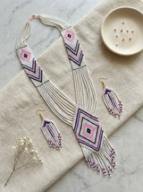 White and Blue Hand Beaded Long Necklace Set