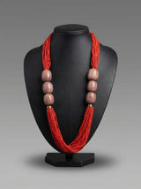 Multi-Strand Red Seed Bead Necklace with Oversized Crackle Beads