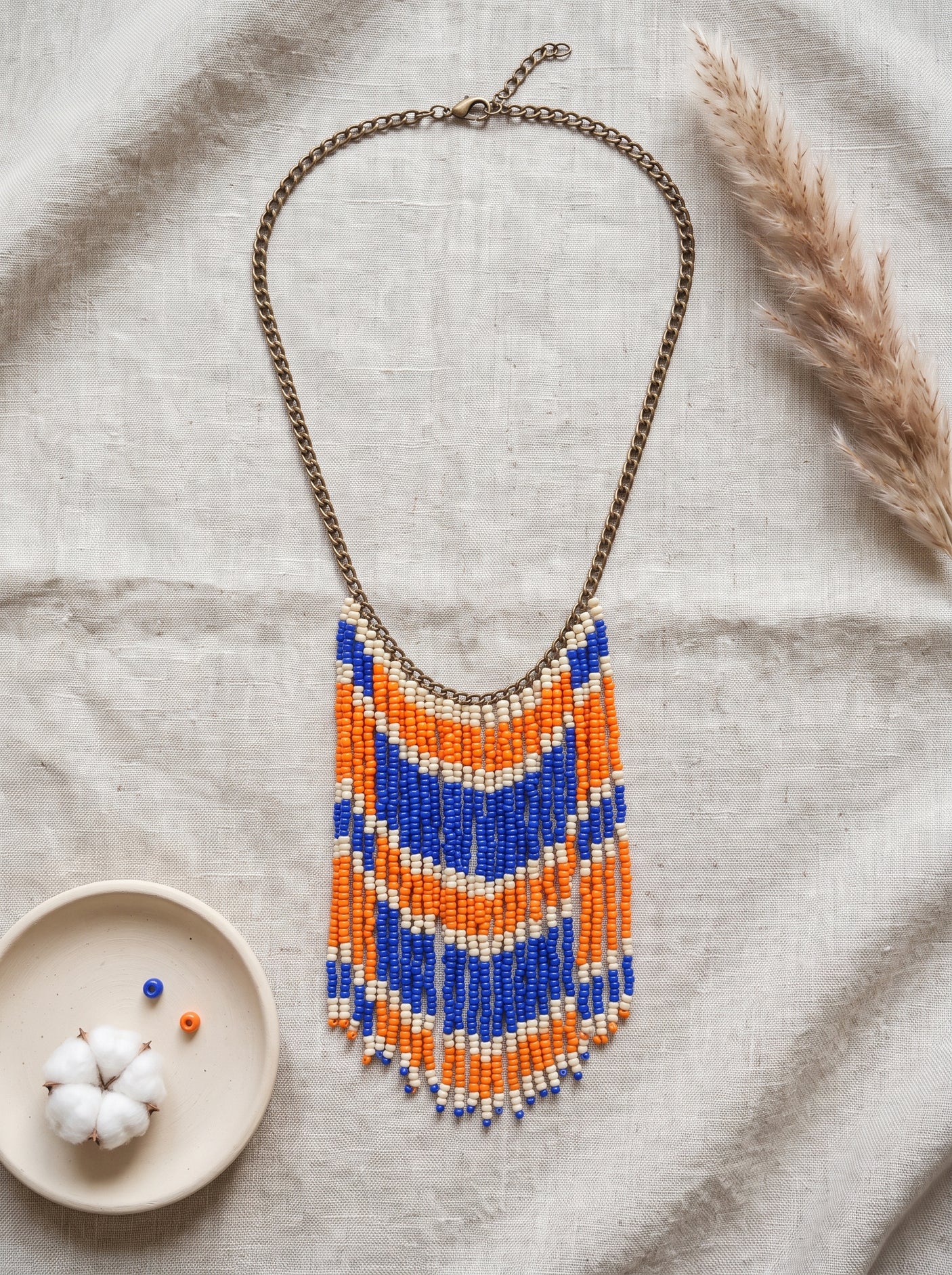 Orange and Blue Beads Vibrant Fringe Boho Necklace