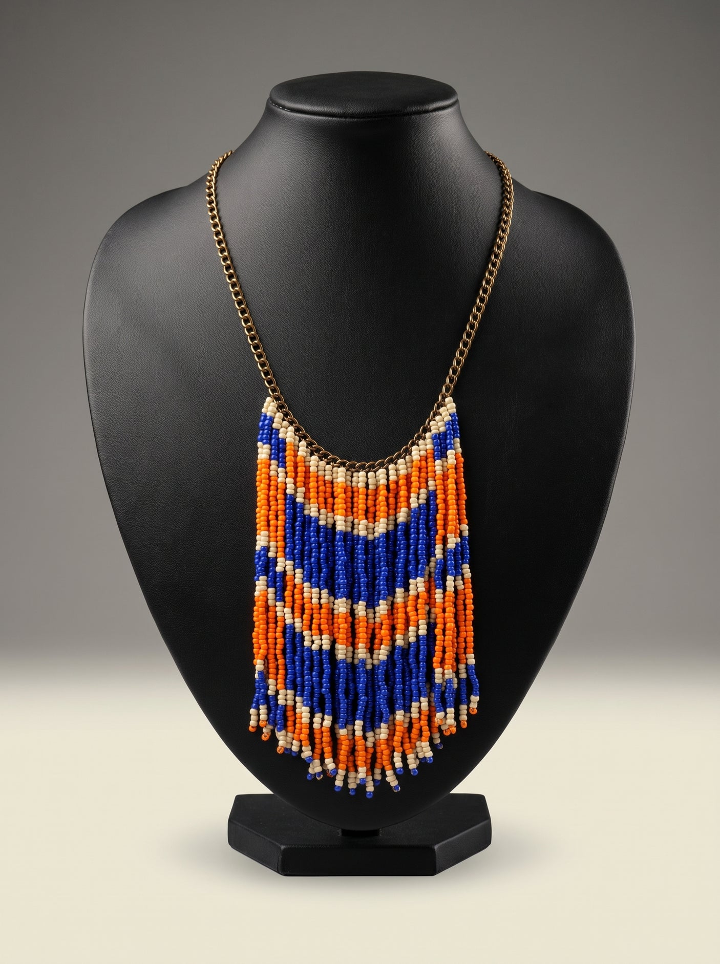 Orange and Blue Beads Vibrant Fringe Boho Necklace