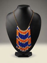 Orange and Blue Beads Vibrant Fringe Boho Necklace