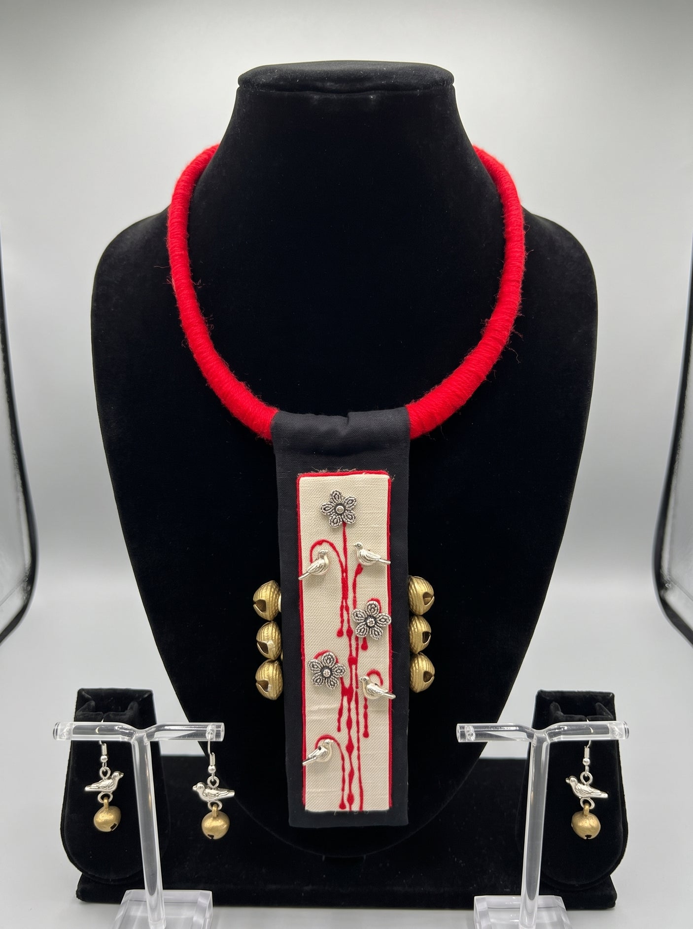 Bird and Ghungroo Charms Hand-Painted Fabric Choker Necklace Set