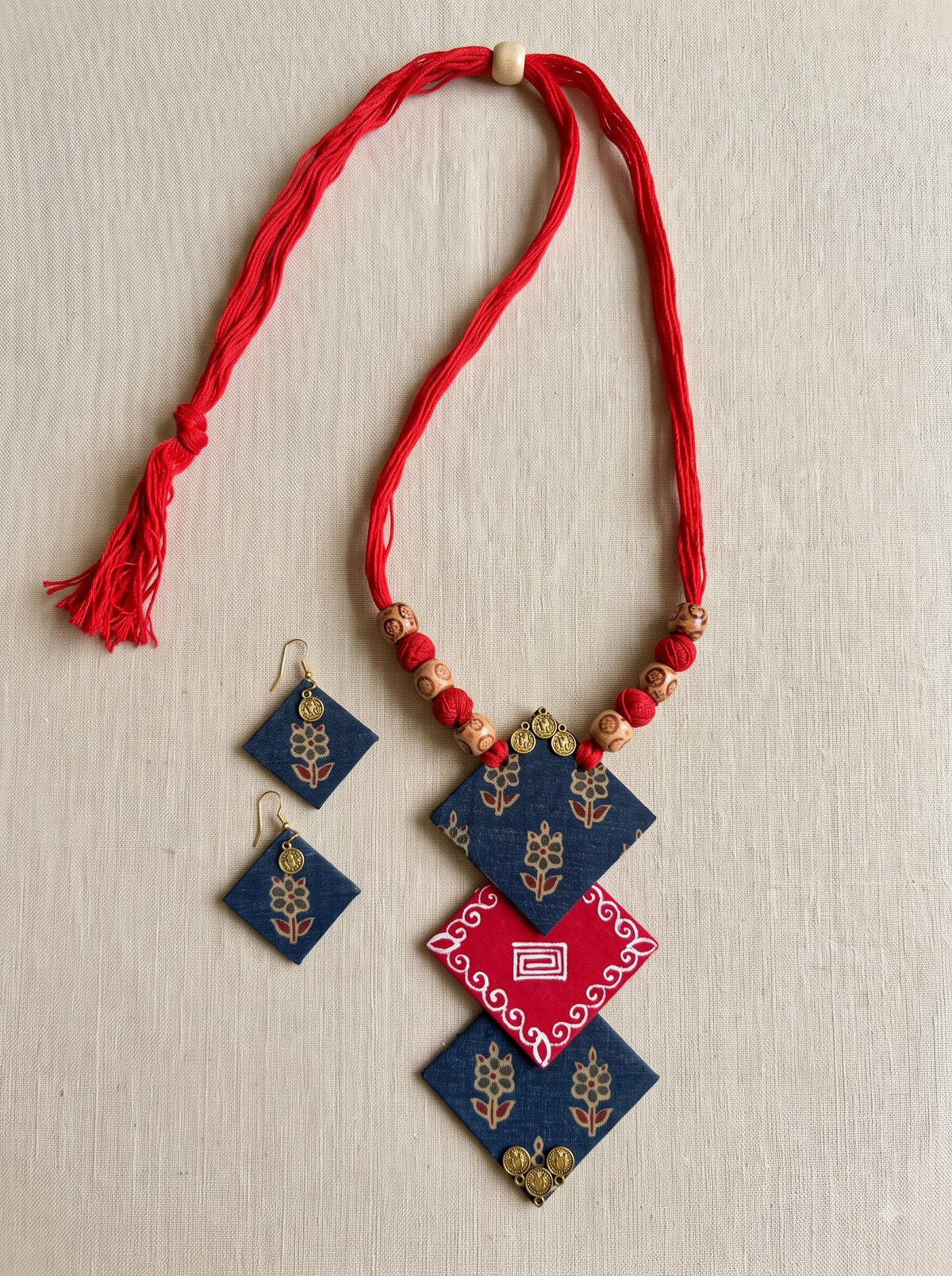 Hand Painted Fabric Red and Blue Necklace Set
