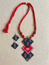 Hand Painted Fabric Red and Blue Necklace Set