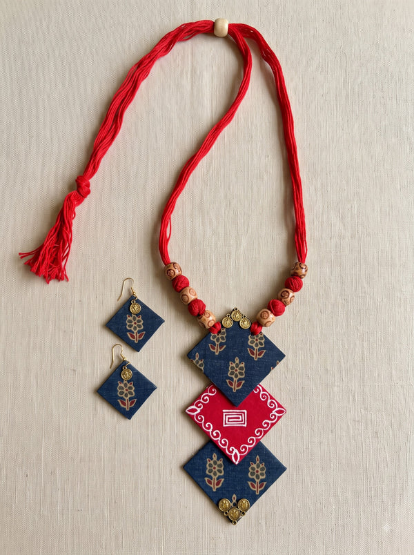 Hand Painted Fabric Red and Blue Necklace Set