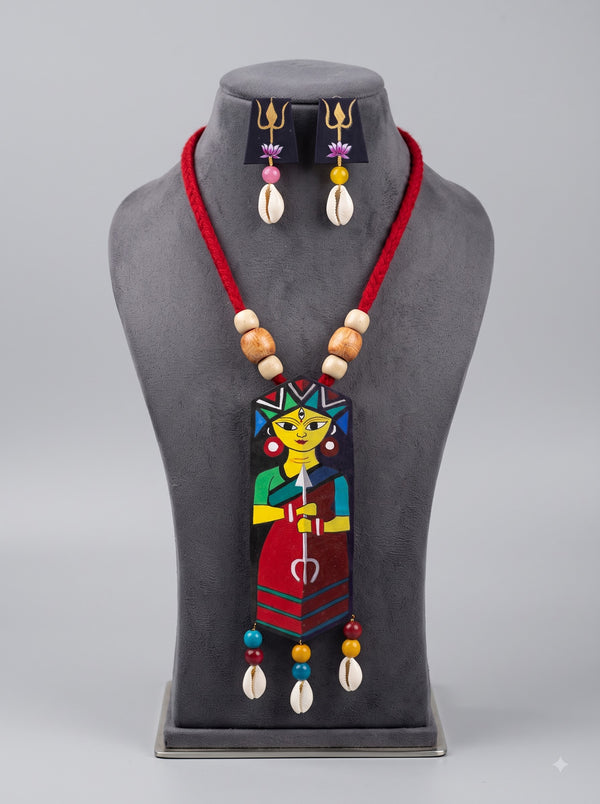 Hand Painted Maa Durga Fabric Necklace Set with Trishul Earrings