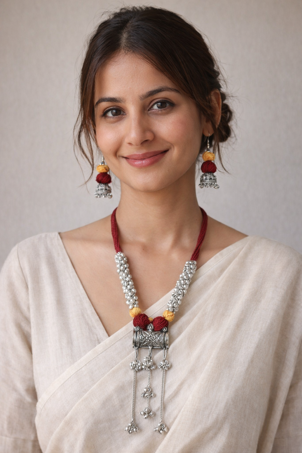 Fabric Beads and Metal Necklace Set with Dangler Earrings