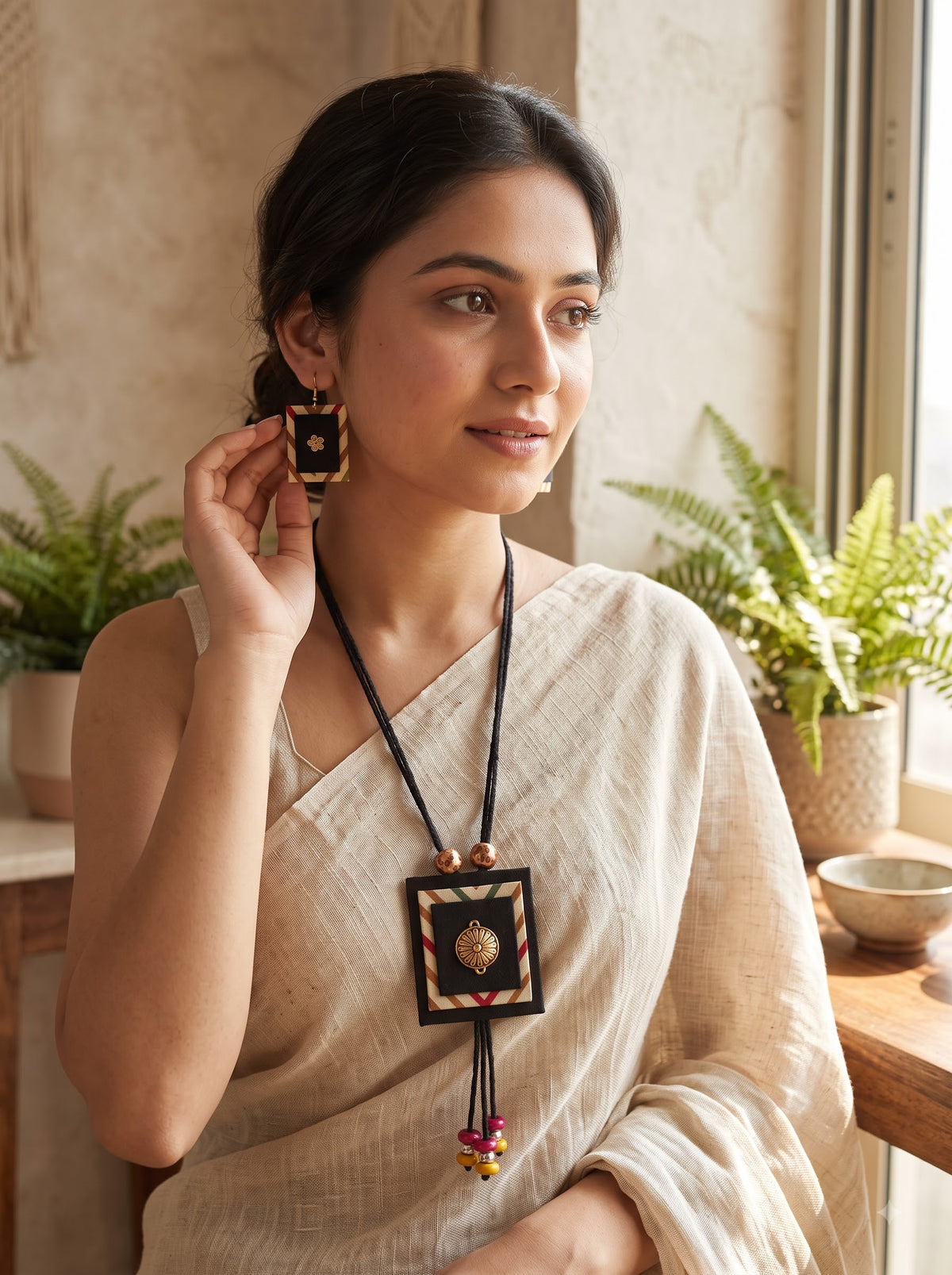 Fabric Hand Painted Necklace Set with Metal Charms and Adjustable Closure