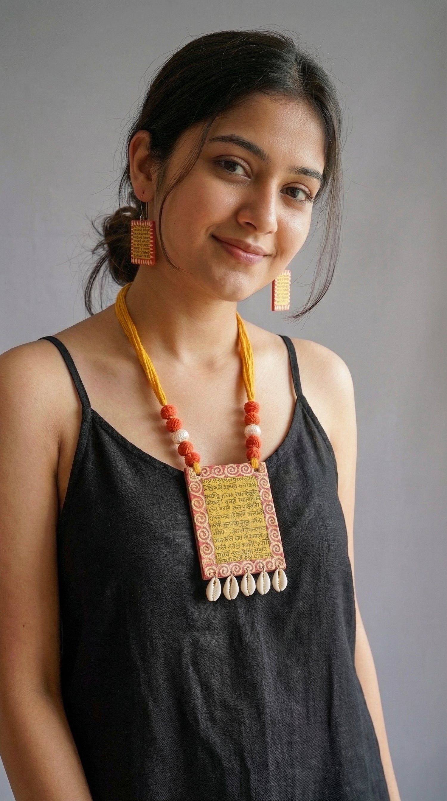Mantra Printed Fabric Necklace Set with Shell Work and Thread Closure