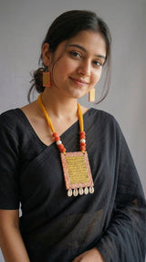 Mantra Printed Fabric Necklace Set with Shell Work and Thread Closure
