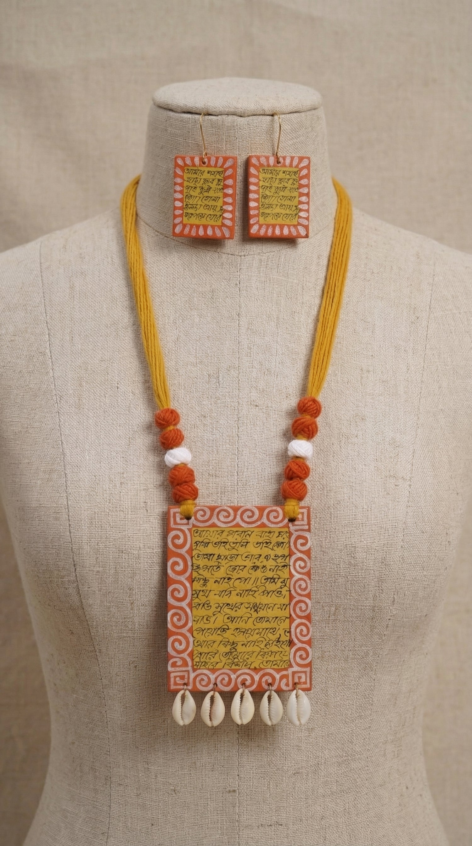 Mantra Printed Fabric Necklace Set with Shell Work and Thread Closure