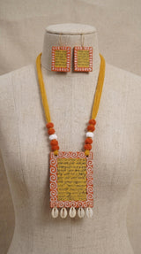 Mantra Printed Fabric Necklace Set with Shell Work and Thread Closure