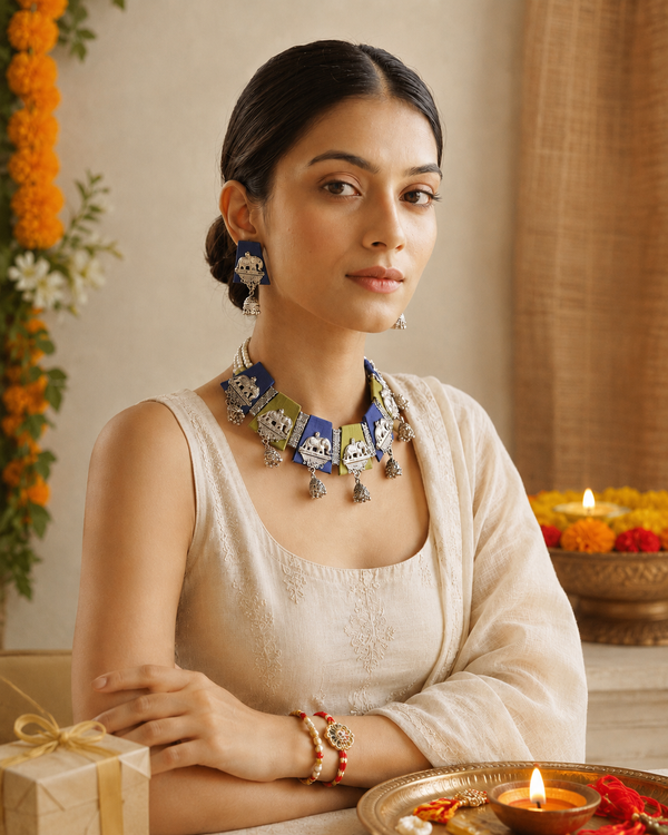 Blue and Green Fabric Tiles Choker Necklace Set with Elephant Charms