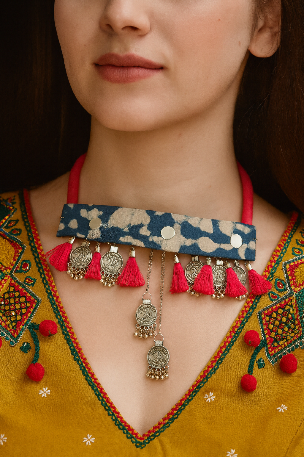 Indigo Fabric Stamped Metal Coins Charms Embellished Fabric Choker Necklace