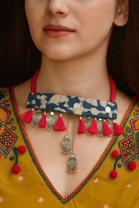 Indigo Fabric Stamped Metal Coins Charms Embellished Fabric Choker Necklace