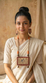 Hand Painted Birds Necklace Set with Jute and Thread Closure