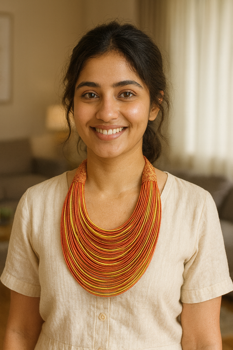 Festive Orange and Yellow Handmade Silk Threads Multi-Layer Statement African Choker Necklace