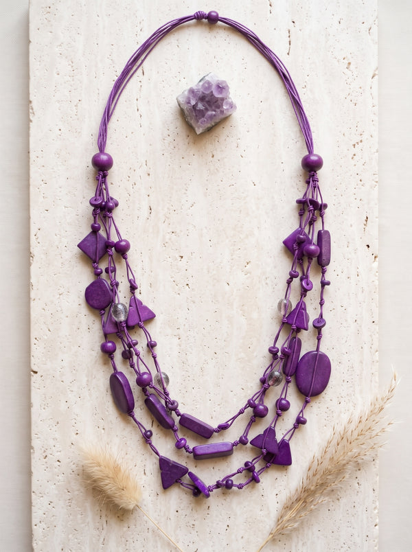Purple Rope and Abstract Beads Boho Necklace