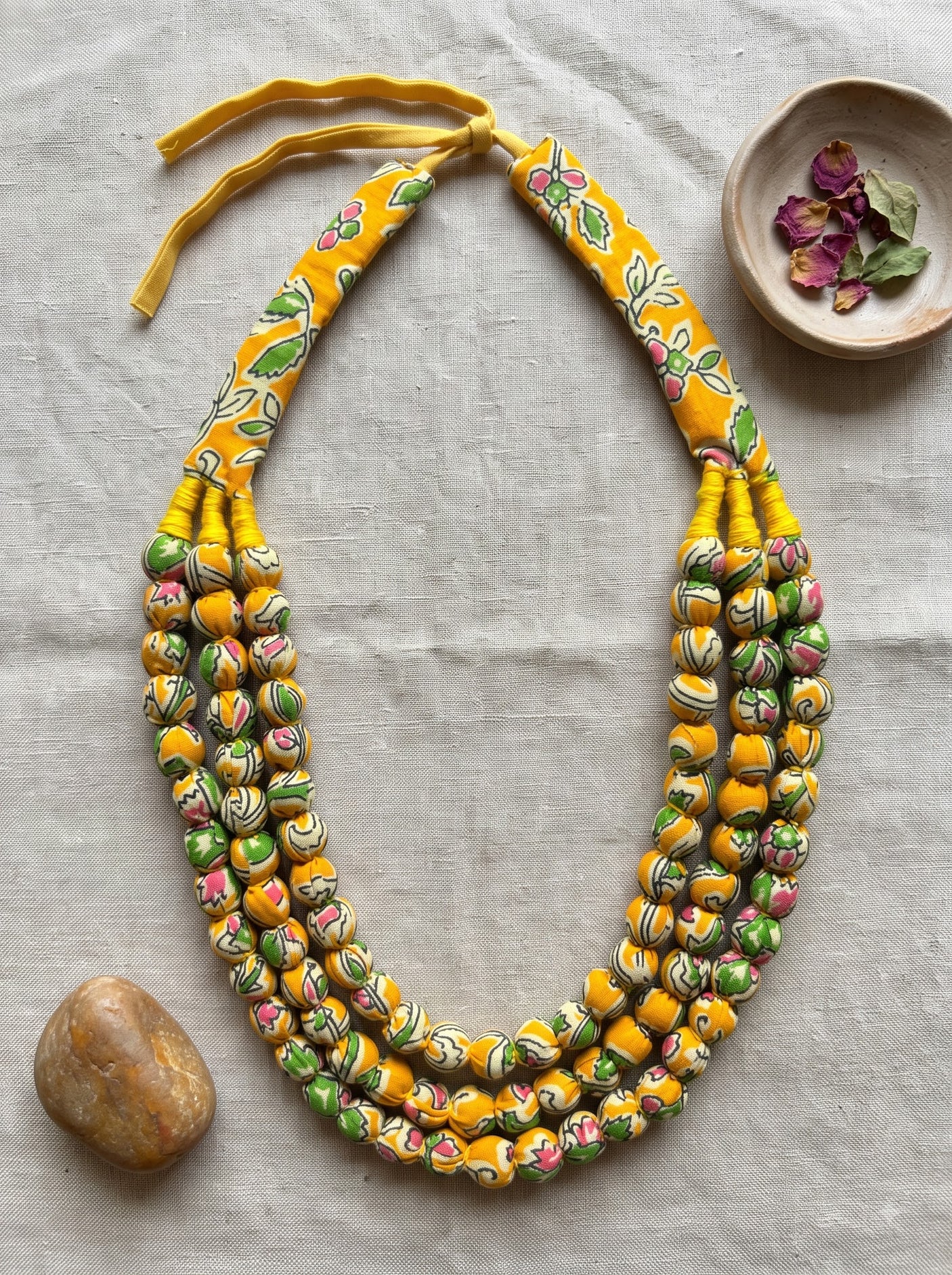 Yellow Floral Block Print Three-Strand Fabric Bead Necklace