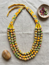 Yellow Floral Block Print Three-Strand Fabric Bead Necklace