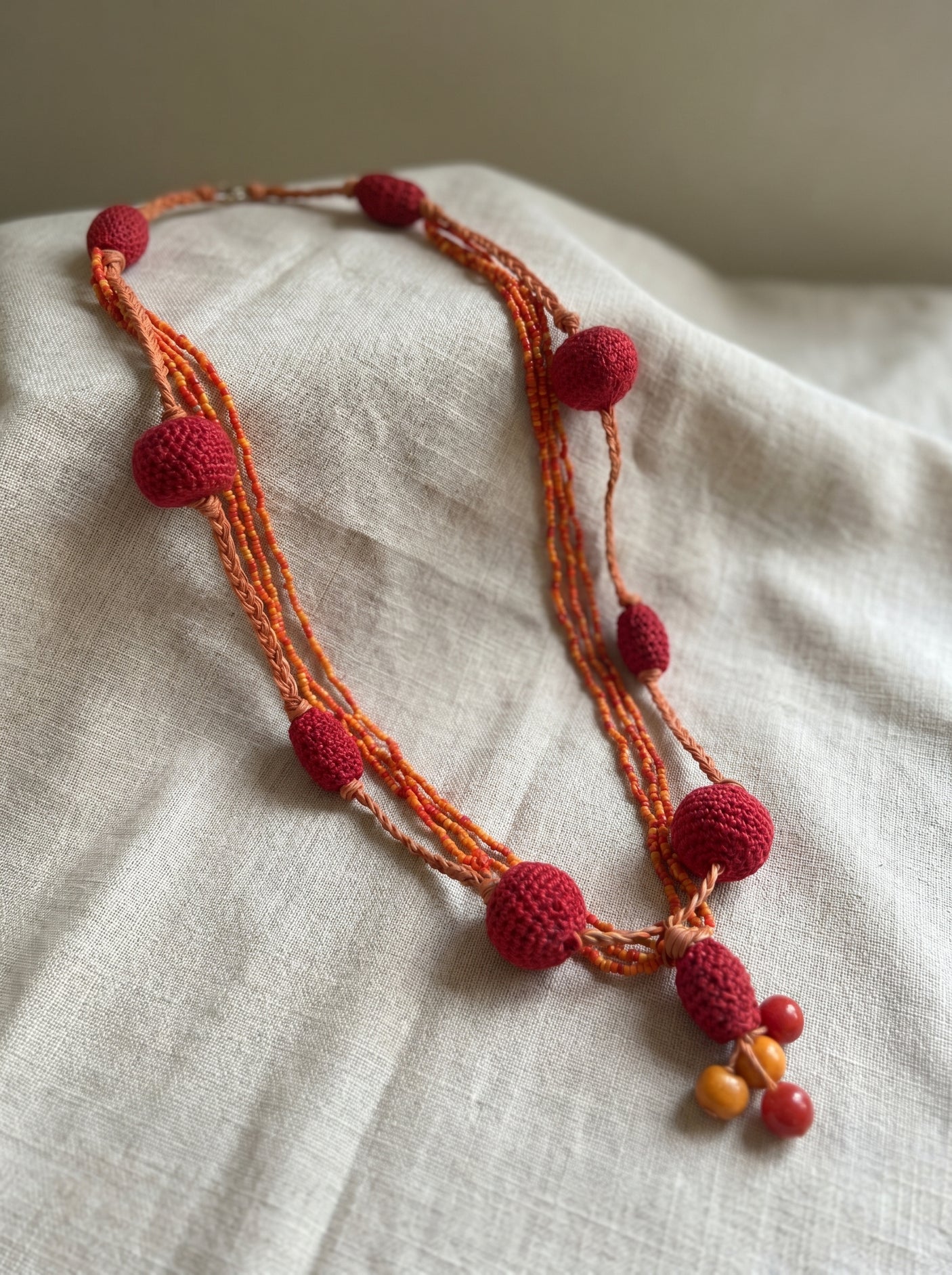 Red and Orange Beads and Fabric Handmade Statement Necklace