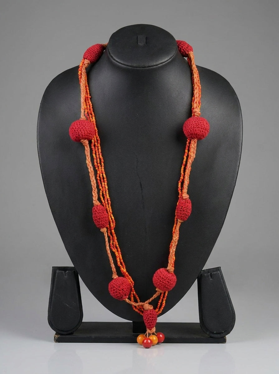 Red and Orange Beads and Fabric Handmade Statement Necklace