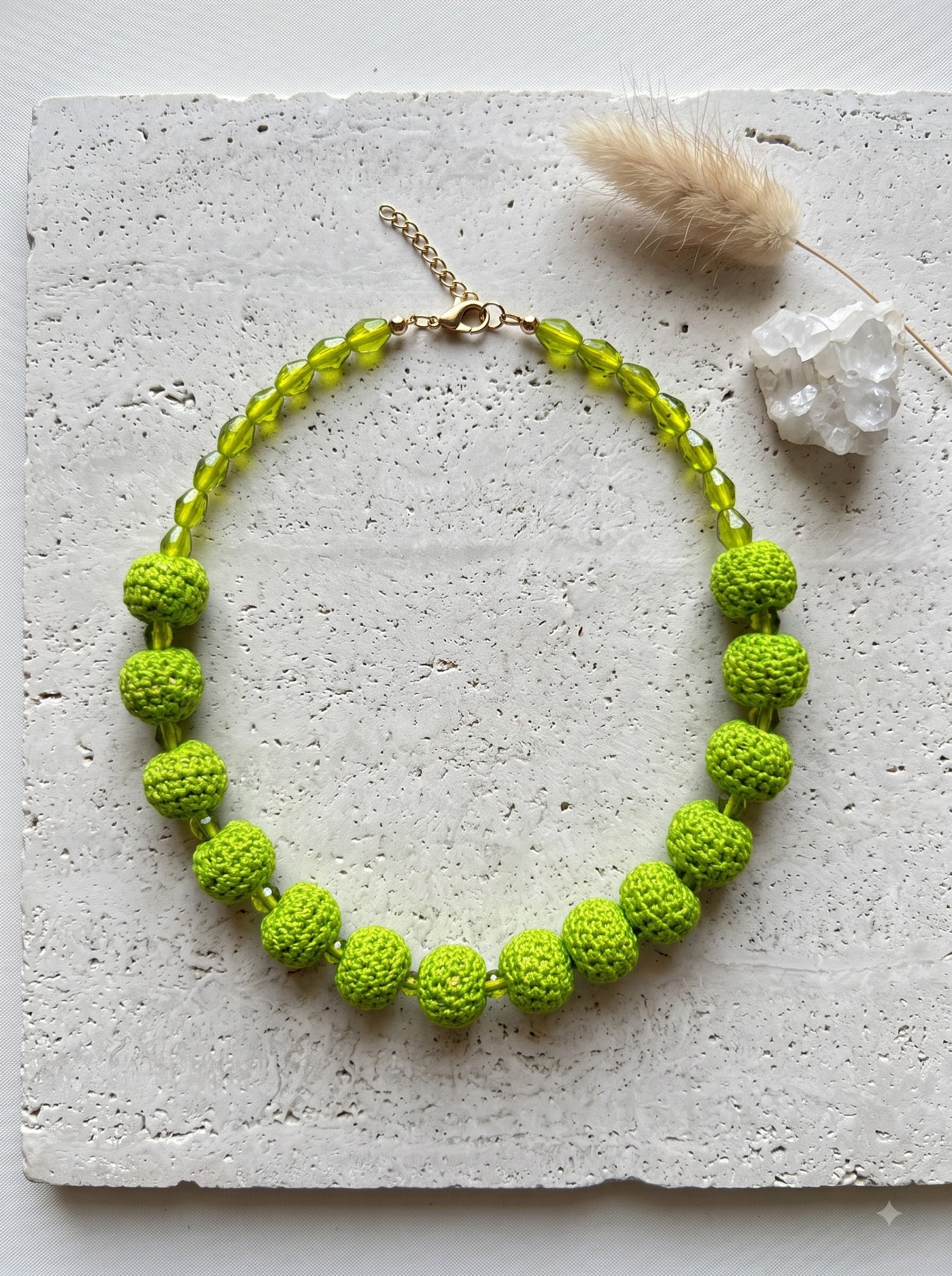 Lime Green Crochet Ball & Faceted Glass Bead Necklace
