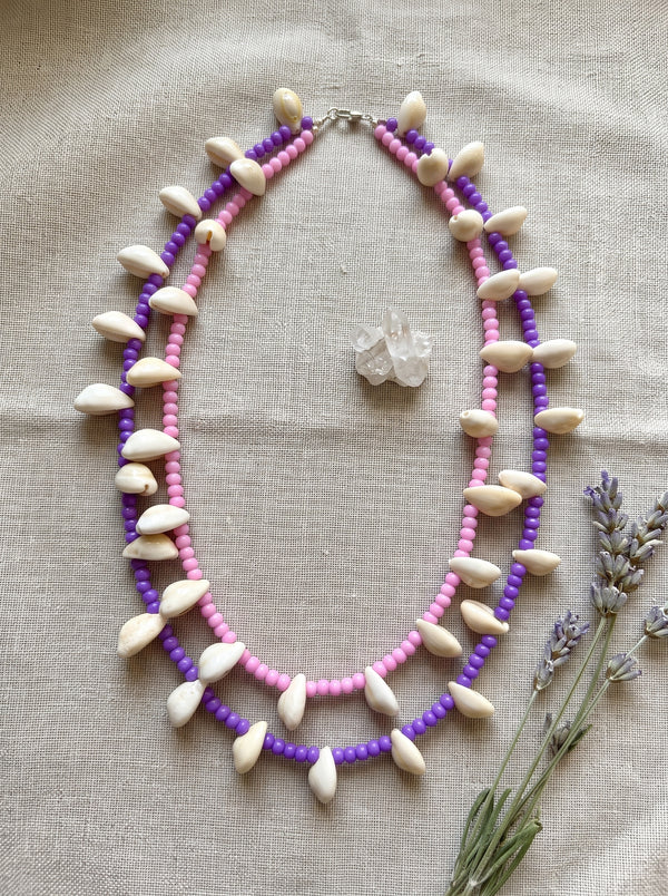 Soft Pink and Purple Beads and Cowrie Shells Boho Necklace