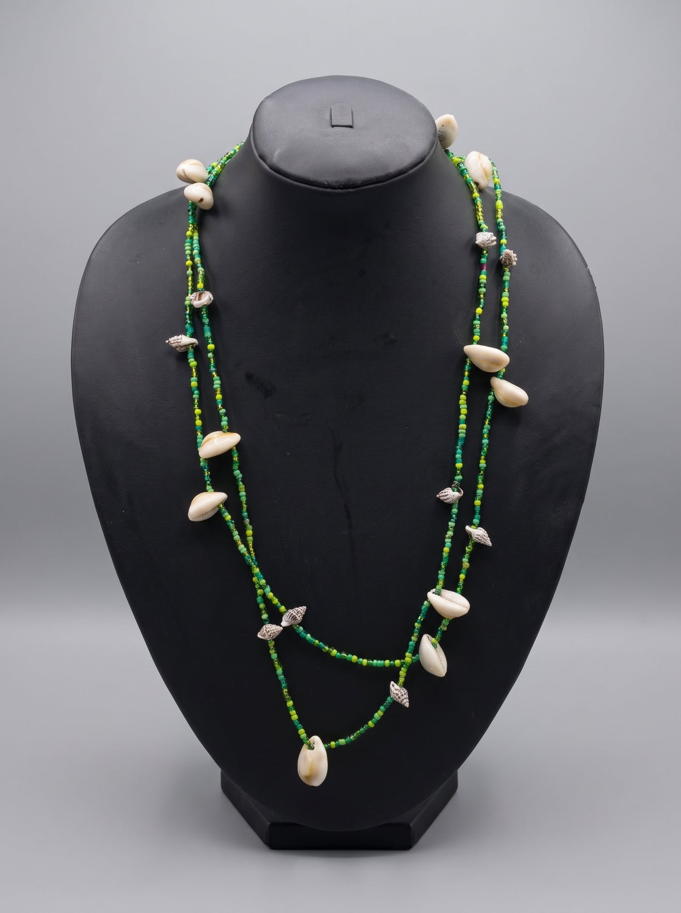 Green Beads and Cowrie Shells 2 Layer Handmade Necklace
