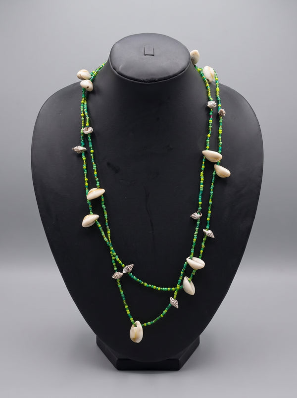 Green Beads and Cowrie Shells 2 Layer Handmade Necklace