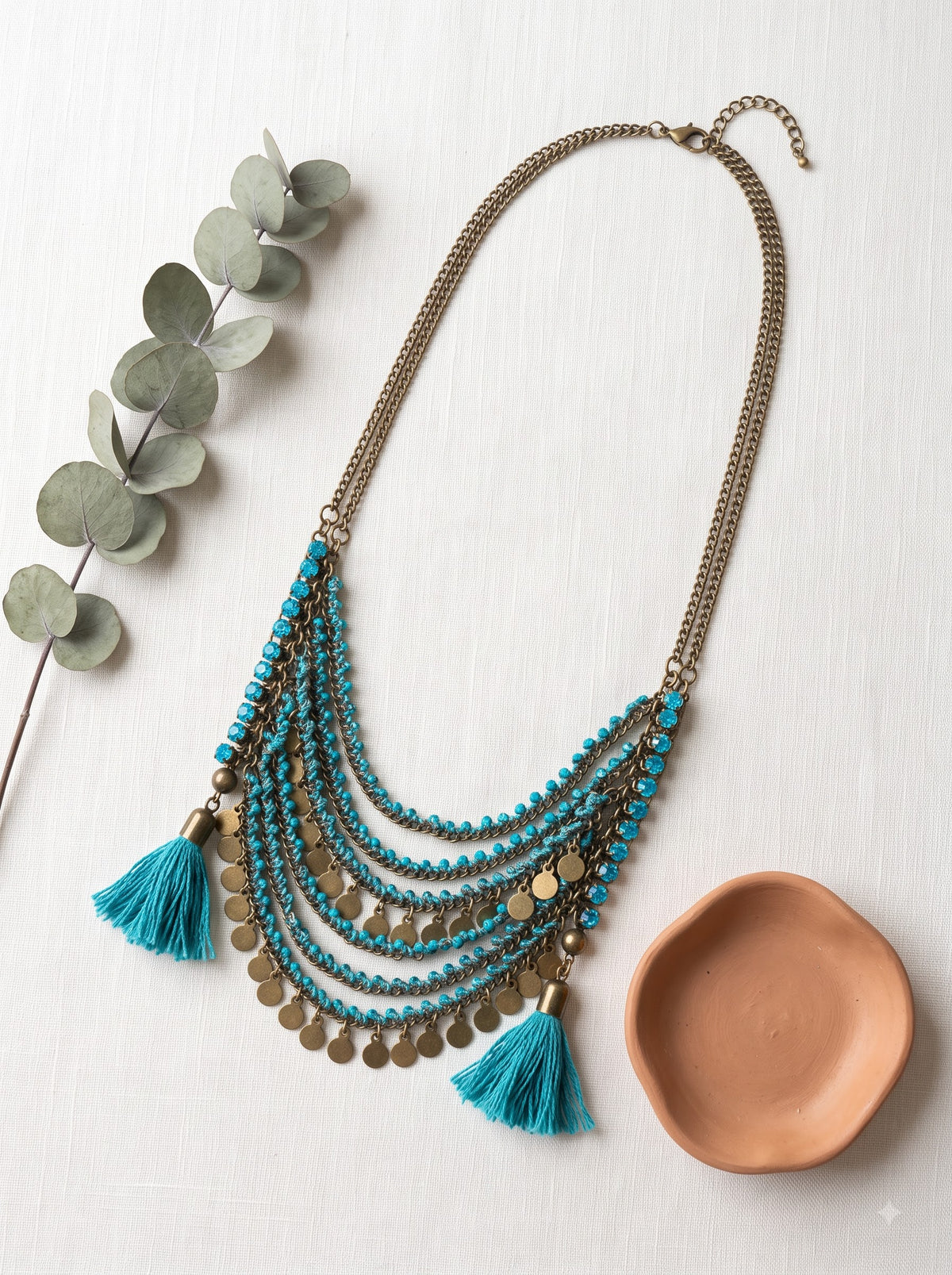 Metal Accents and Blue Beads Gold Finish Boho Necklace