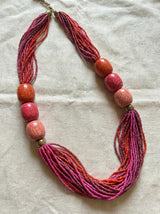 Multi-Strand Pink Seed Bead Necklace with Oversized Crackle Beads