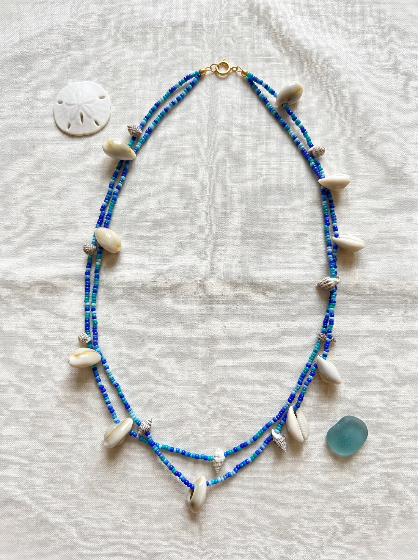 Shades of Blue Beads and Cowries Shells Handmade Boho Necklace
