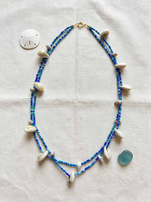 Shades of Blue Beads and Cowries Shells Handmade Boho Necklace