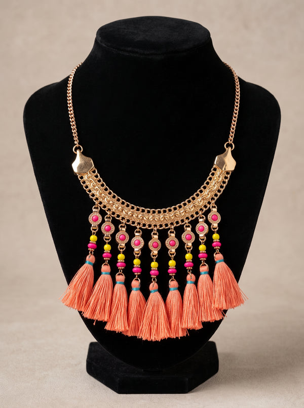 Pom Poms and Beads Gold Finish Long Boho Chain Necklace