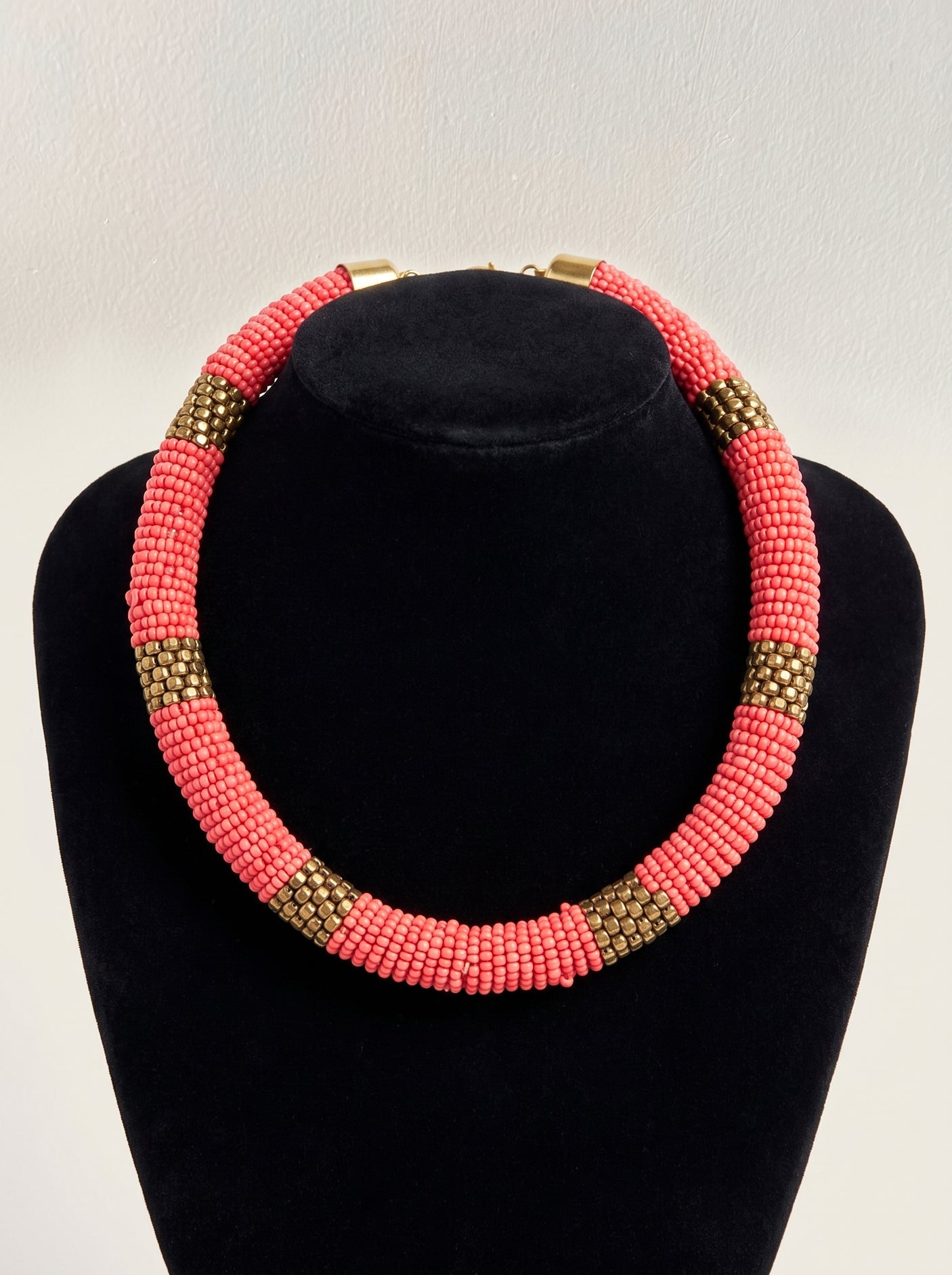 Coral and Bronze Beaded Choker Necklace