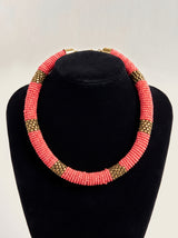 Coral and Bronze Beaded Choker Necklace