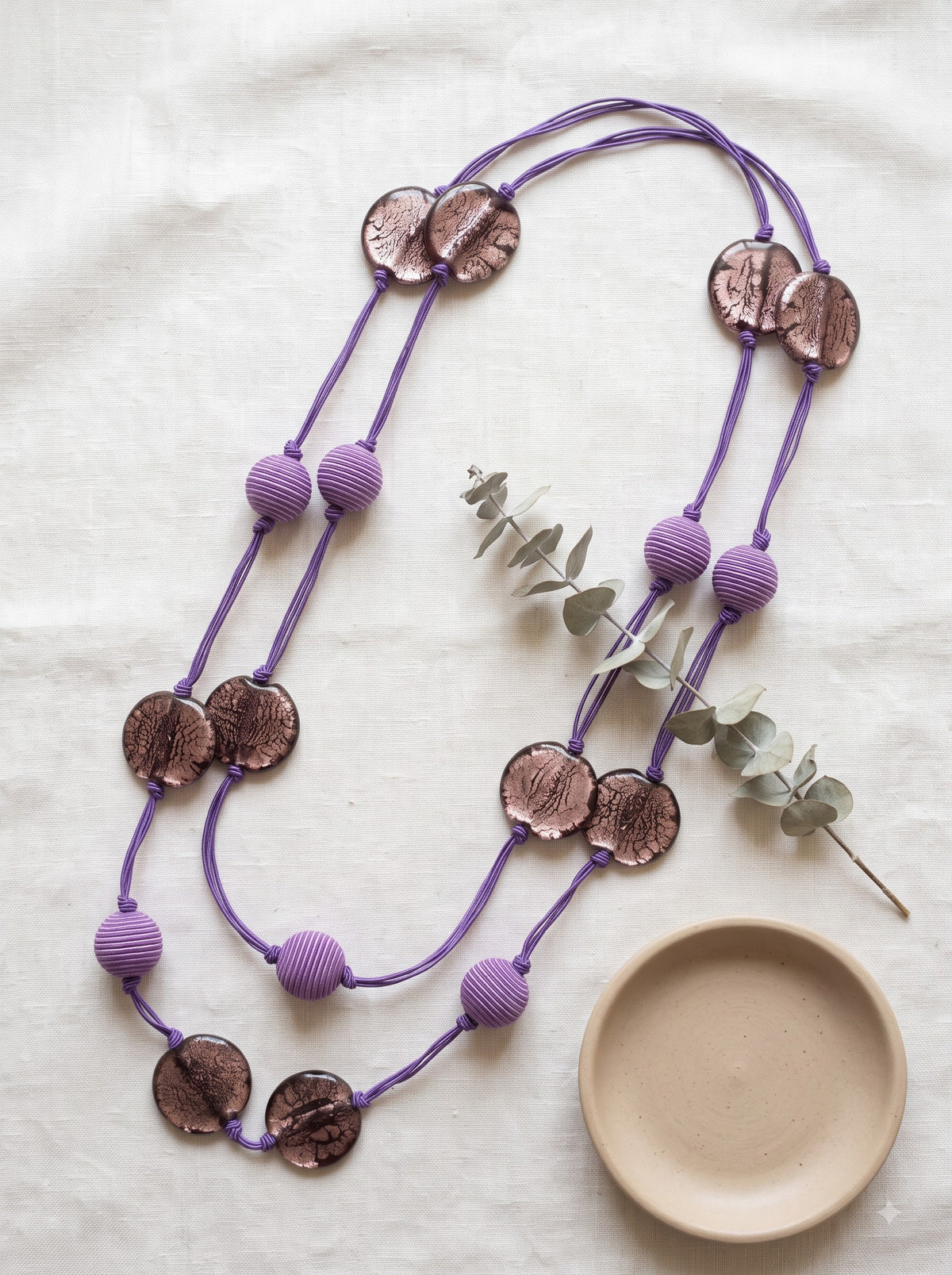 Purple Fabric Balls and Glass Beads Long Boho Necklace