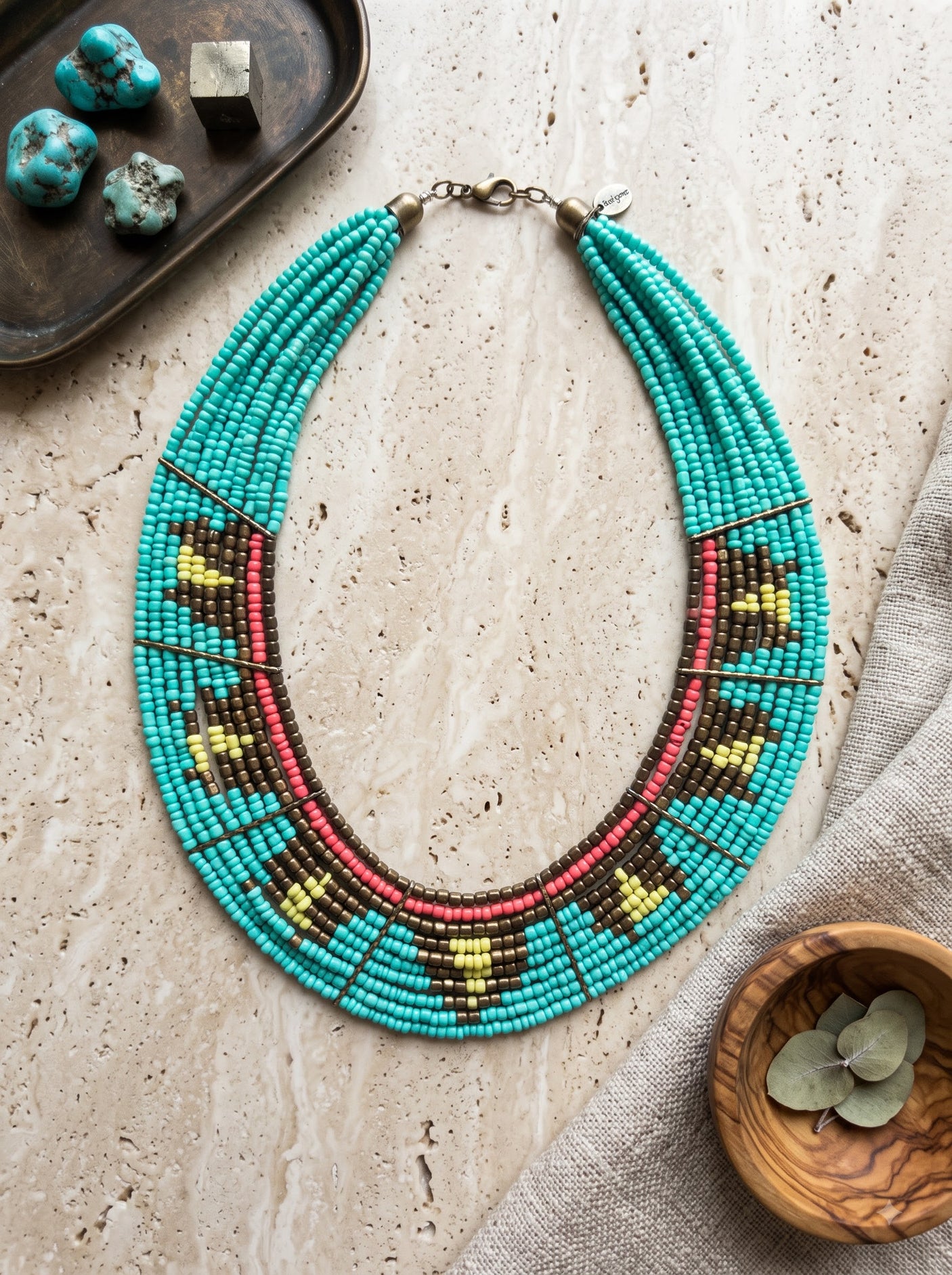 Turquoise Multi-Strand Seed Bead Aztec Pattern Bib Necklace