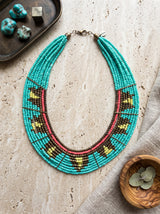 Turquoise Multi-Strand Seed Bead Aztec Pattern Bib Necklace