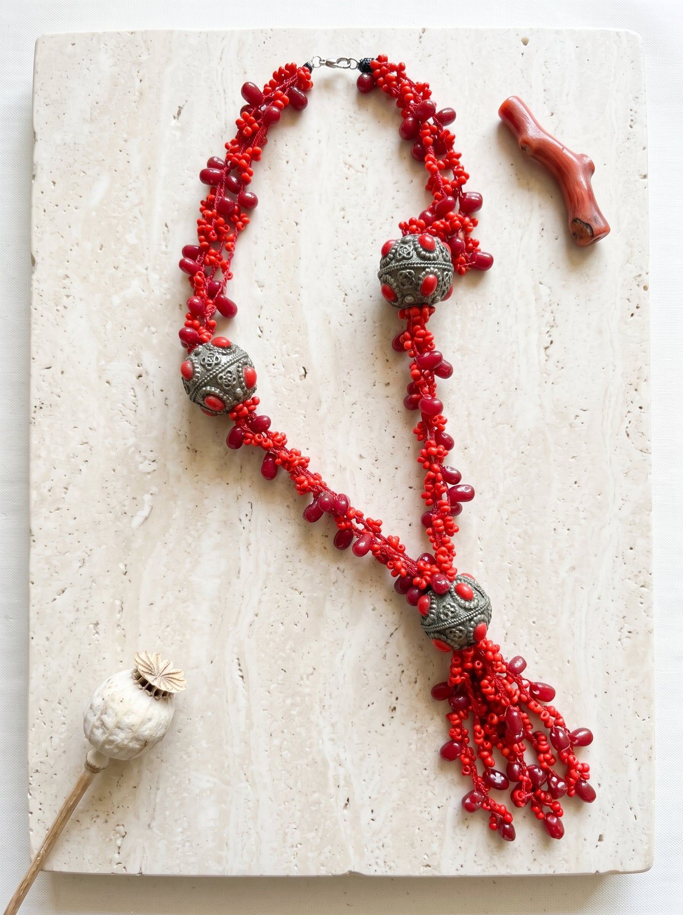 Red Beads Long Boho Necklace with Metal Accents