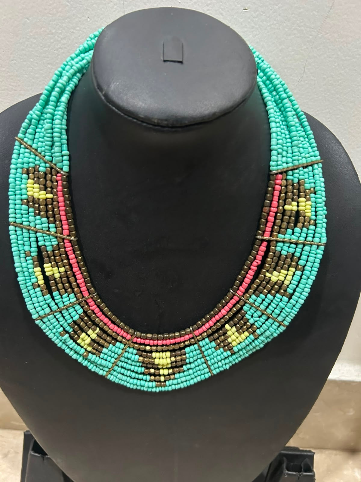 Turquoise Multi-Strand Seed Bead Aztec Pattern Bib Necklace