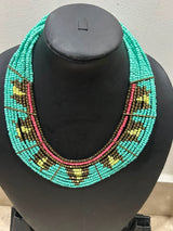 Turquoise Multi-Strand Seed Bead Aztec Pattern Bib Necklace
