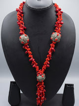 Red Beads Long Boho Necklace with Metal Accents