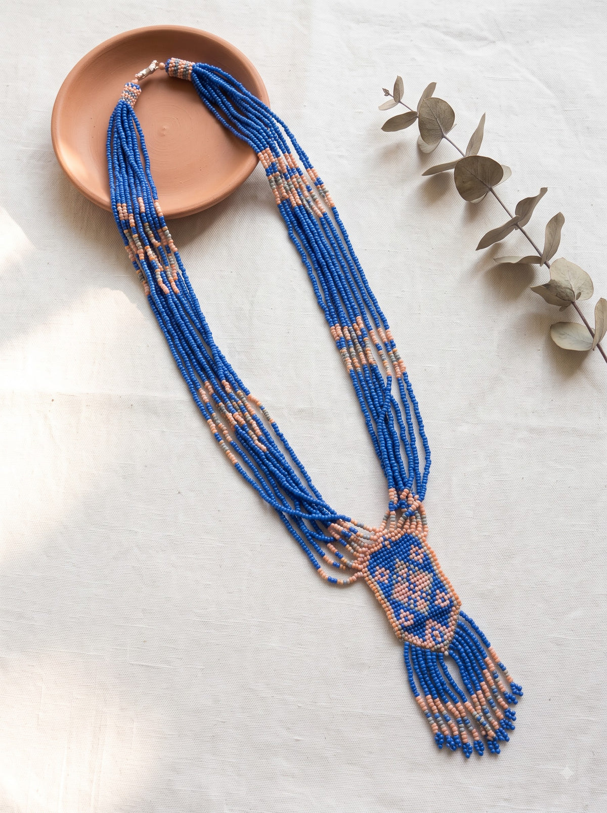 Blue and Beige Beads Handmade Boho Necklace