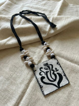 White and Black Ganesha Hand Painted Fabric Necklace